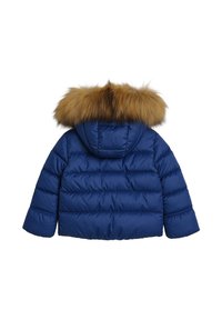 Giubbotto imbottito blu navy con colletto in pelliccia sintetica, caratterizzato da un design trapuntato e polsini elasticizzati. Con cappuccio e vista laterale, texture liscia.