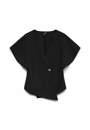 Schwarze asymmetrische Wickelbluse mit weiten kurzen Ärmeln und einem einzelnen goldenen Knopfverschluss vorne in der Mitte.