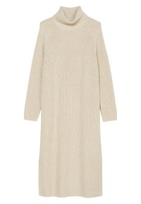 Robe pull en tricot couleur crème à col roulé, manches longues et poignets côtelés, conçue pour la chaleur et le confort.