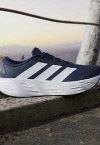 Navy blue running shoe with white stripes and thick white sole resting on a stone surface outdoors at sunset.