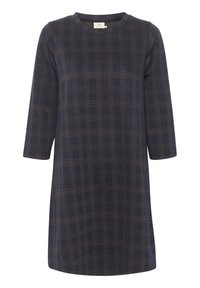 Abito navy con motivo a griglia marrone, dotato di maniche a tre quarti e scollatura rotonda. Realizzato in un tessuto morbido e texturizzato.