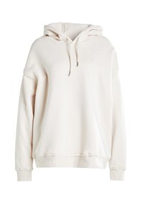 Krémová mikina s kapucňou z mäkkej bavlnenej tkaniny, vybavená klokankovou kapsou, nastaviteľnou šnúrkou a rebrovanými manžetami a lemom.