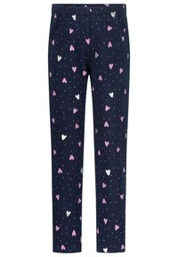Navy cotton pants with an elastic waistband, featuring a heart and polka dot pattern in pink, silver, and white. Side pockets included.