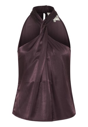 Top din satin cu bretele halter, de culoare mov închis, cu un design frontal răsucit. Prezintă un spate cu gaura în formă de cheie și o textură netedă, creând o siluetă elegantă.