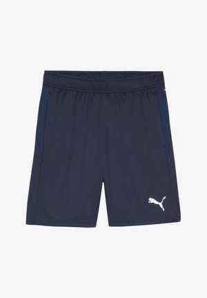Pantalones cortos deportivos azul marino hechos de una tela ligera con un acabado texturizado, que cuentan con bolsillos laterales y un logo blanco en la parte inferior derecha.