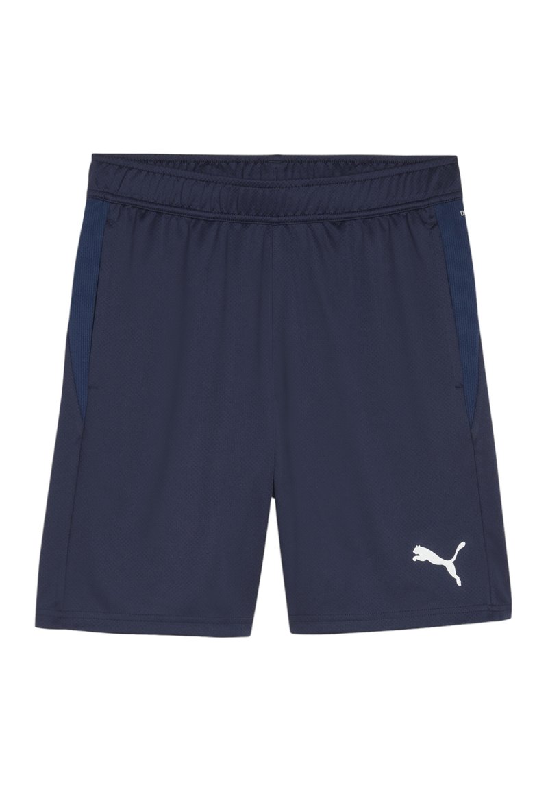 Jūras zila sporta šorti, kas izgatavoti no viegla auduma ar teksturētu apdari, ar sānu kabatām un baltu logotipu apakšējā labajā stūrī.