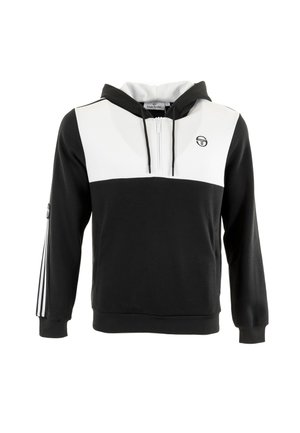 Sort og hvid hættetrøje med lynlås foran, kontrasterende øverste del og hvide striber på ærmerne. Har et logo på brystet.