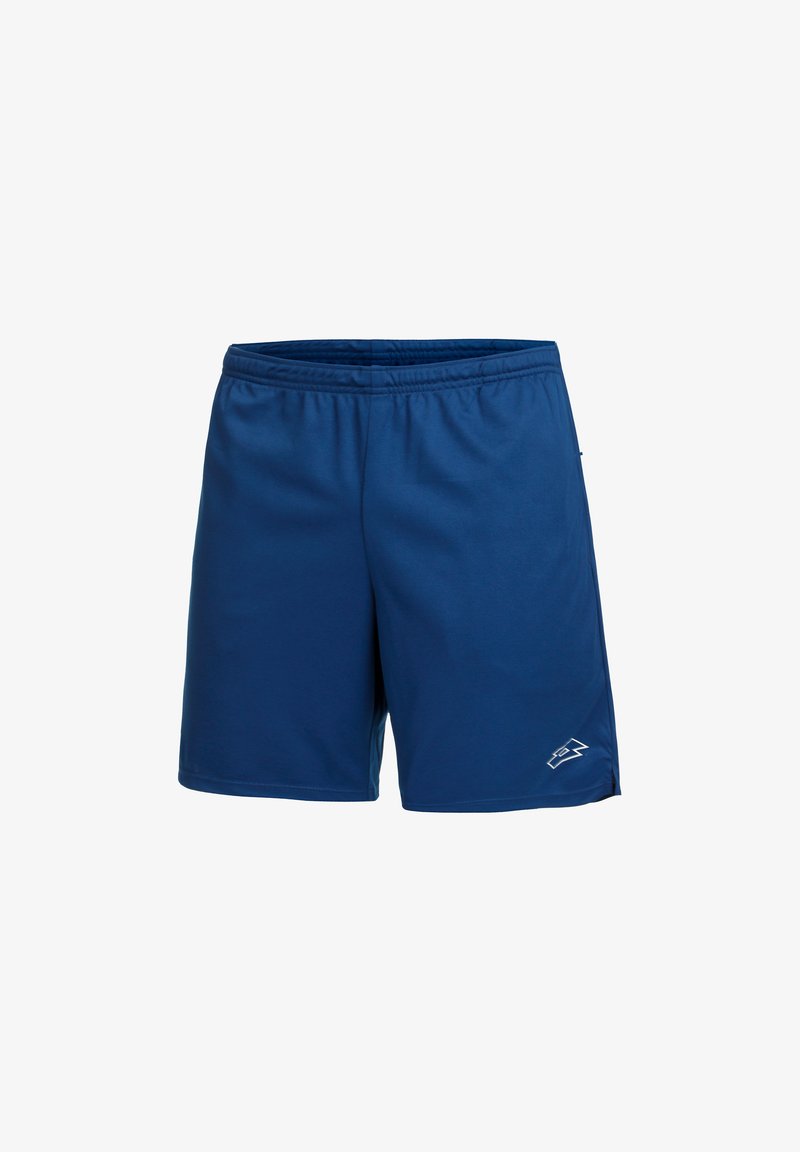 Sinised spordilühikesed püksid, mis on valmistatud kergest kangast ja millel on elastne vöökoht. Minimalistlik disain, millel on väike logoteave alumisel jalal.