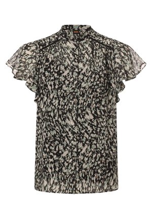Przezroczysta bluzka z krótkim rękawem, z abstrakcyjnym wzorem w kolorach czarnym, szarym i białym, zapinana na guziki z falbankami na rękawach.