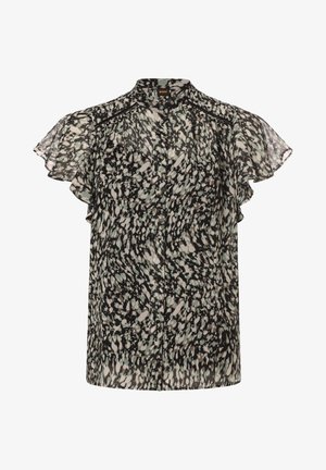 Gennemsigtig kortærmet bluse med abstrakt mønster i sort, grå og hvid, knappet front og flæseærmer.