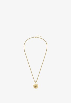 Collar de metal dorado con una cadena delgada e intrincada. Presenta un colgante redondo con un diseño de brújula detallado como punto focal.