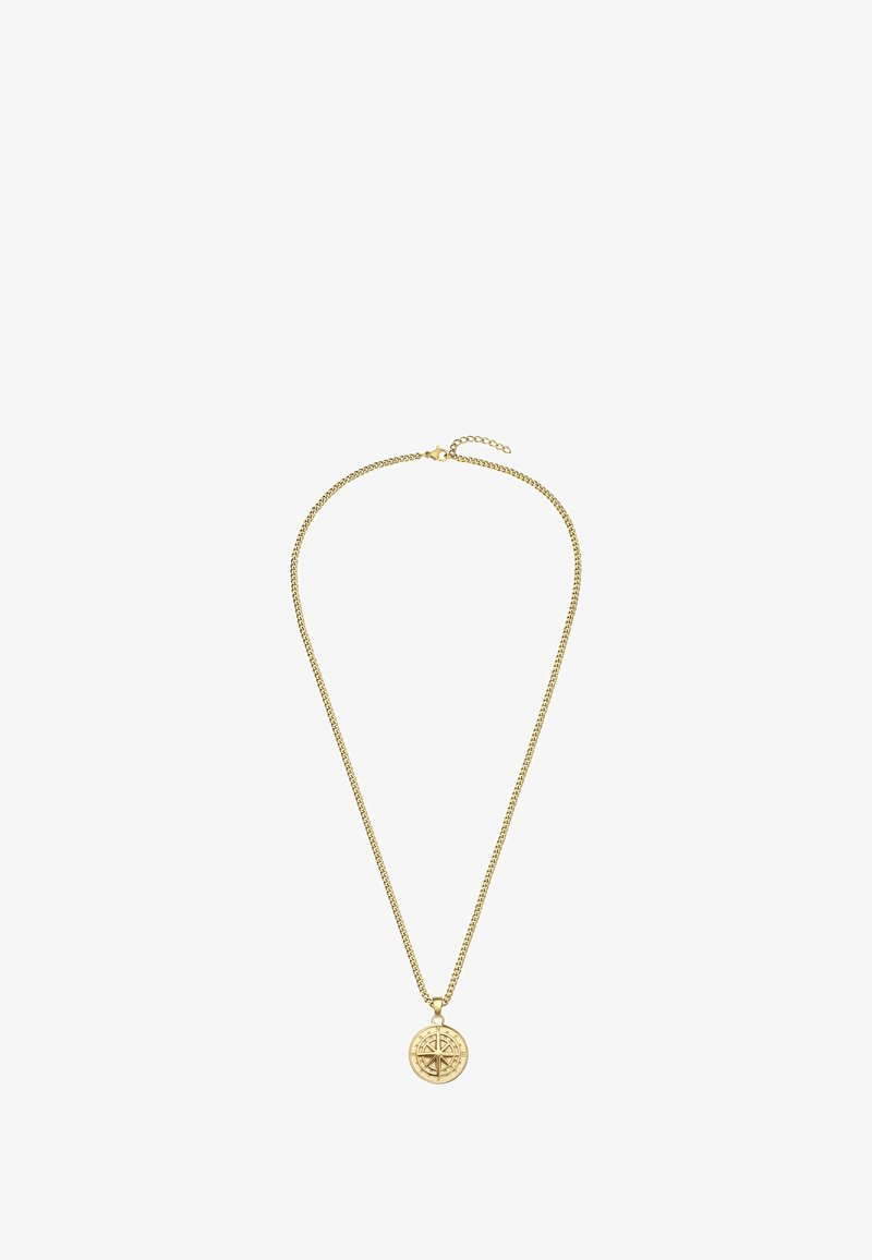 Kuldtooneline metallkaelakee, millel on õhuke ja keeruline kett. Keskmes on ümmargune ripats, millel on detailne kompassi kujundus.