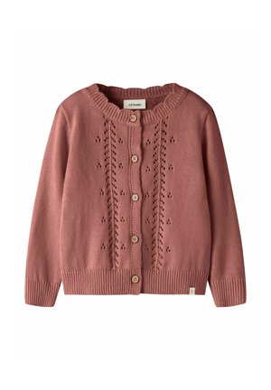 Cardigan en maille rose poussière avec boutonnière devant, motifs œillets décoratifs, poignets et ourlet côtelés, et encolure ronde.