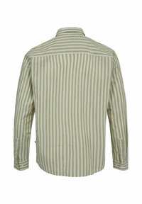 Stribet langærmet skjorte i lys grøn og creme, med button-down krave og knapmanchetter. Tekstureret bomuldsstof.