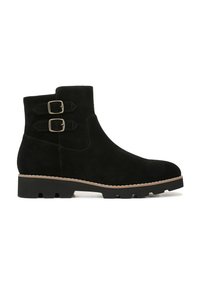 Stivaletti alla caviglia neri in suede con due fibbie decorative, una forma leggermente affusolata e una suola nera robusta.