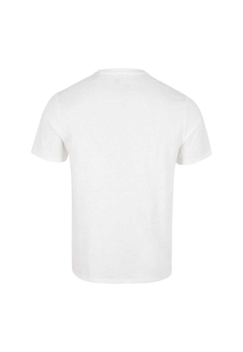 Camiseta de algodón blanca con mangas cortas, escote redondo y la parte trasera lisa. Textura ligera y suave, sin patrones ni gráficos visibles.