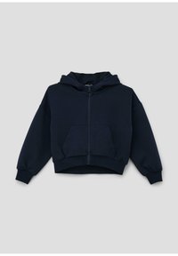 Granatowa bluza z kapturem na zamek wykonana z miękkiego materiału. Posiada przednią kieszeń, kaptur i ściągacze przy rękawach. Skrócony fason z luźnym krojem.