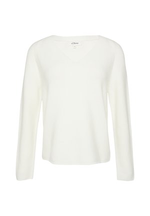 Balta garo piedurkņu džemperis ar V veida kakla izgriezumu, strukturētu adījumu un brīvu piegriezumu. Etiķete redzama pie apkakles.