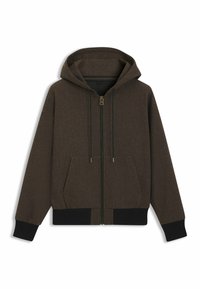 Bruine zip-up hoodie met een gestructureerde afwerking, verstelbare koorden, twee voorkentin en zwarte geribbelde boorden en zoom.