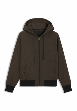 Brun zip-up hoodie med en tekstureret overflade, justerbare snore, to frontlommer samt sorte ribbede manchetter og kant.