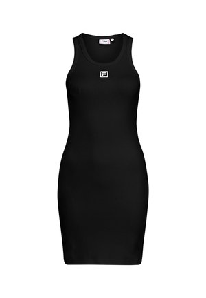 Abito a canotta nero a coste con silhouette aderente, scollatura rotonda e un piccolo logo bianco sul petto. Tessuto liscio e design senza maniche.