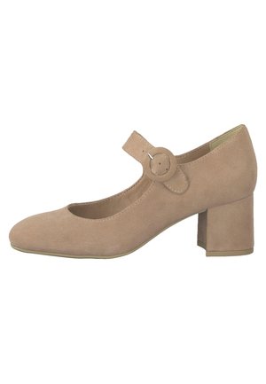 Beige Wildleder Mary Jane Schuh mit runder Zehenpartie, verstellbarem Riemen und einem stabilen Blockabsatz von 5 cm. Glatte Textur, einfaches Design, keine Muster.