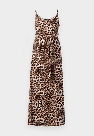 Abito maxi con stampa leopardata, spalline sottili e vita aderente; realizzato in tessuto leggero, presenta una banda elastica e dettagli con coulisse.