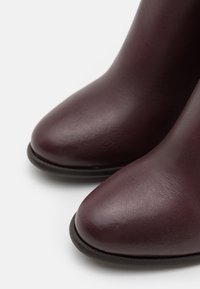 Bottines en cuir bordeaux avec une texture lisse, bout pointu et un talon bas, présentant une couture subtile le long du bord.