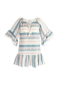 Blusa a righe con maniche a campana e orlo arricciato. Il materiale è leggero; i colori includono crema, verde acqua e rosa. Presenta una scollatura con cordoncino.