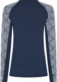 Marineblå langærmet top med mønstrede hvide detaljer på ærmerne, rund hals og blød tekstur. Klassisk pasform med raglanærmer.