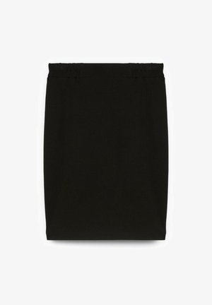 Gonna nera a matita realizzata in tessuto morbido, con vita elasticizzata e una texture liscia e uniforme senza motivi o dettagli visibili.