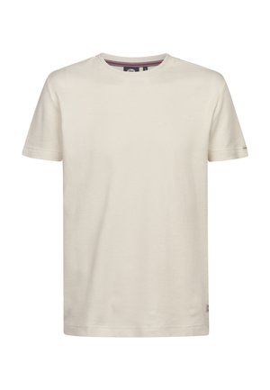 T-shirt a maniche corte, girocollo, in cotone beige chiaro con finitura testurizzata e dettaglio logo sottile sul petto.