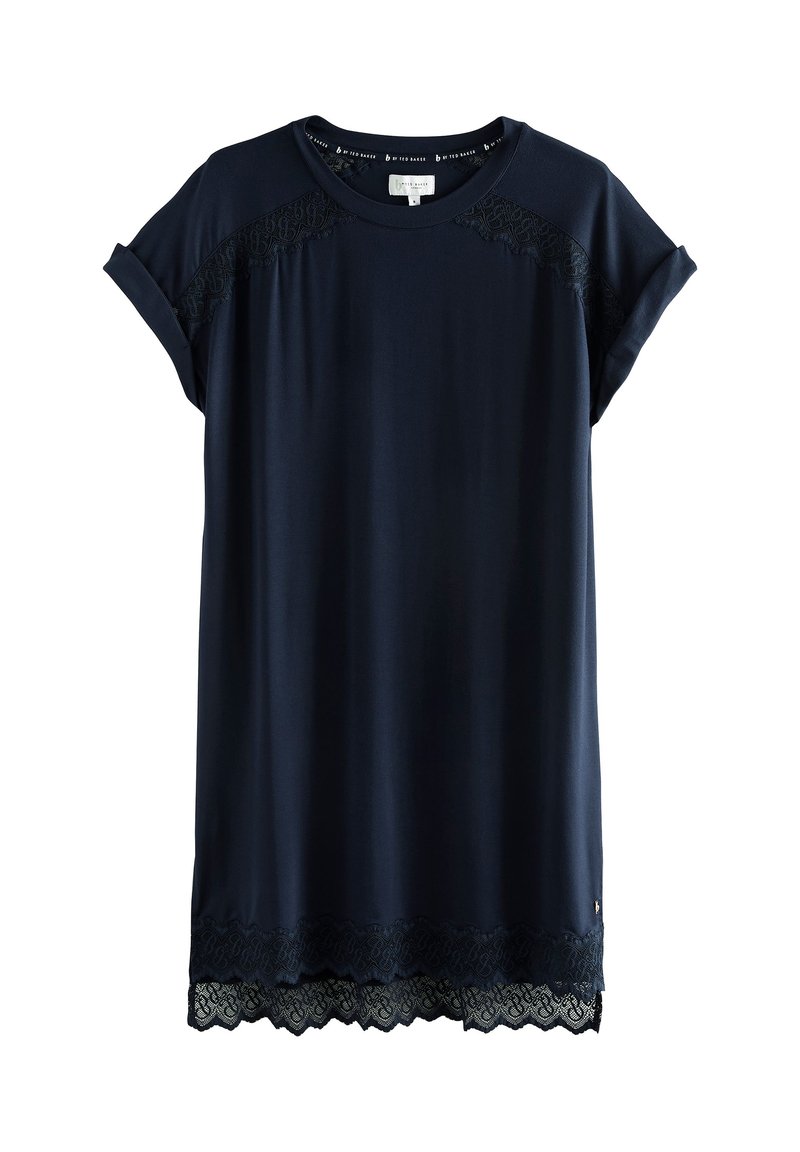 Robe bleu marine à manches courtes en tissu lisse, avec un bord en dentelle à l'ourlet et des détails délicats en dentelle sur les épaules.