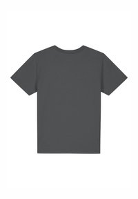 Donkergrijze T-shirt met korte mouwen en een ronde hals. De stof lijkt glad met een effen kleur en geen zichtbare patronen of accenten.