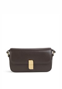 Brown leather crossbody bag with a flap, gold-tone clasp, and a removable chain strap. Smooth texture, rectangular shape, minimalistic design.