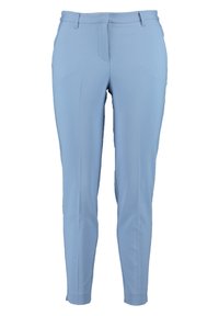 Jasnoniebieskie, dopasowane spodnie wykonane z gładkiej tkaniny, o wąskim kroju, z przednimi kieszeniami oraz płaskim przednim panelem ze structured pasem.