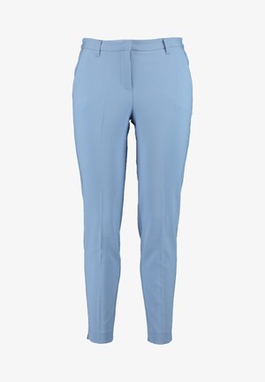 Lichtblauwe getailleerde broek van gladde stof, met een slanke pasvorm, voorzakken en een vlakke voorkant met een gestructureerde tailleband.