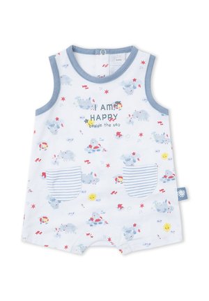 Peto de bebé blanco sin mangas con ribete azul, dos bolsillos a rayas, estampados de animales marinos y texto "Estoy feliz junto al mar" en el frente.