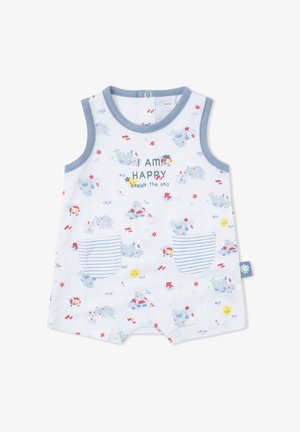 Peto de bebé blanco sin mangas con ribete azul, dos bolsillos a rayas, estampados de animales marinos y texto "Estoy feliz junto al mar" en el frente.