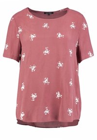 Lyserød bluse med korte ærmer lavet af blødt stof, med en afslappet pasform og et blomsterprint i hvid. Rund halsudskæring og let buet kant.