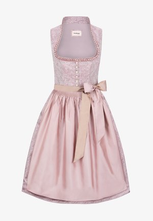 Traditionelles Dirndl-Kleid mit einem lilafarbenen Oberteil mit Spitzenakzenten, einem glatten Satinskirt und einer beigen Satinschleife in der Taille.