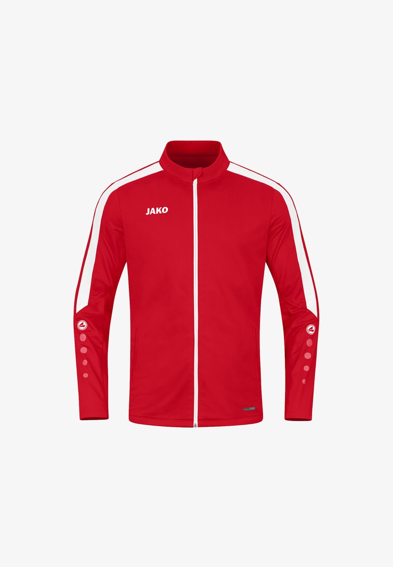 Rote Sportjacke mit weißen Akzenten, durchgehendem Reißverschluss, hohem Kragen und Logo. Sie verfügt über lange Ärmel mit Knopfdetails an den Handgelenken.