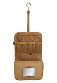 Organizzatore da appendere in tessuto beige, dotato di numerose tasche, uno specchio e un gancio robusto per un facile montaggio. Texture liscia, design versatile.