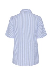 Korte mouwen blouse, lichtblauw met witte horizontale strepen, katoenen stof, met kraag ontwerp, rechte zoom, ontspannen pasvorm, geen zichtbare sluitingen.