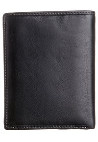 Black leather wallet with a textured finish, bi-fold design, and contrasting stitching. Compact shape, no visible branding or hardware.