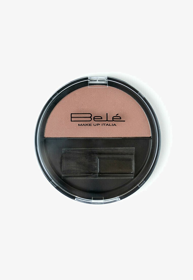 Compatto di blush Bele con un coperchio rotondo in plastica trasparente. Contiene una polvere tono pesca e un piccolo pennello applicatore nero nel comparto inferiore.