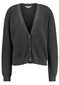 Dunkelgrauer Cardigan mit V-Ausschnitt, gerippter Textur und fünf vorderen Knöpfen. Hat lange Ärmel und einen verkürzten Schnitt.