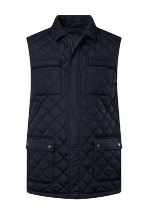 Chaleco acolchado navy con cuello alto, cierre frontal con cremallera y dos bolsillos en el pecho con botón. Presenta un tejido texturizado y acolchado.