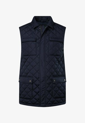 Gilet matelassé navy avec un col haut, fermeture éclair à l'avant et deux poches poitrine boutonnées. Fabriqué en tissu texturé et rembourré.