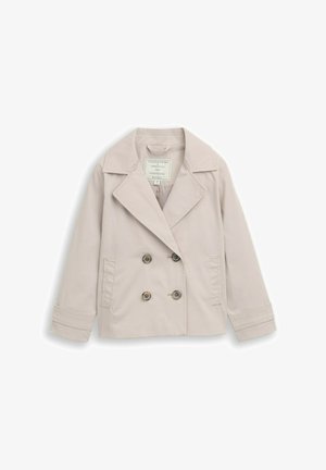 Lichtbeige dubbelgeknoopt jasje met brede revers, twee zijzakken en vier donkere knopen aan de voorkant, plat gelegd op een witte achtergrond.